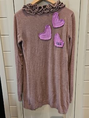 Hand Crafted BY ME Mauve Ruffled Neck Sweater with Purple Heart Appliqués L/XL